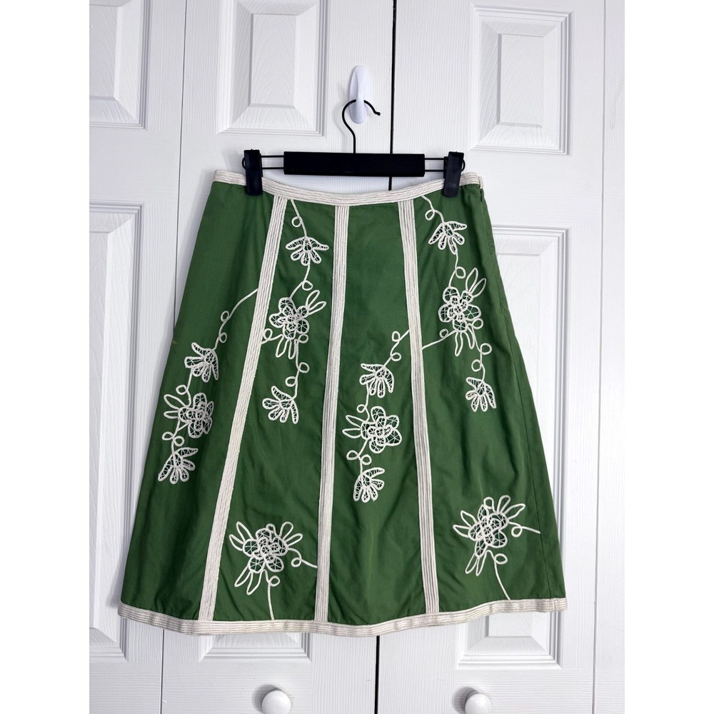 IPSA Anthropologie Floral Embroidered A-Line Skirt Women 4 Green 100% Cotton Y2K